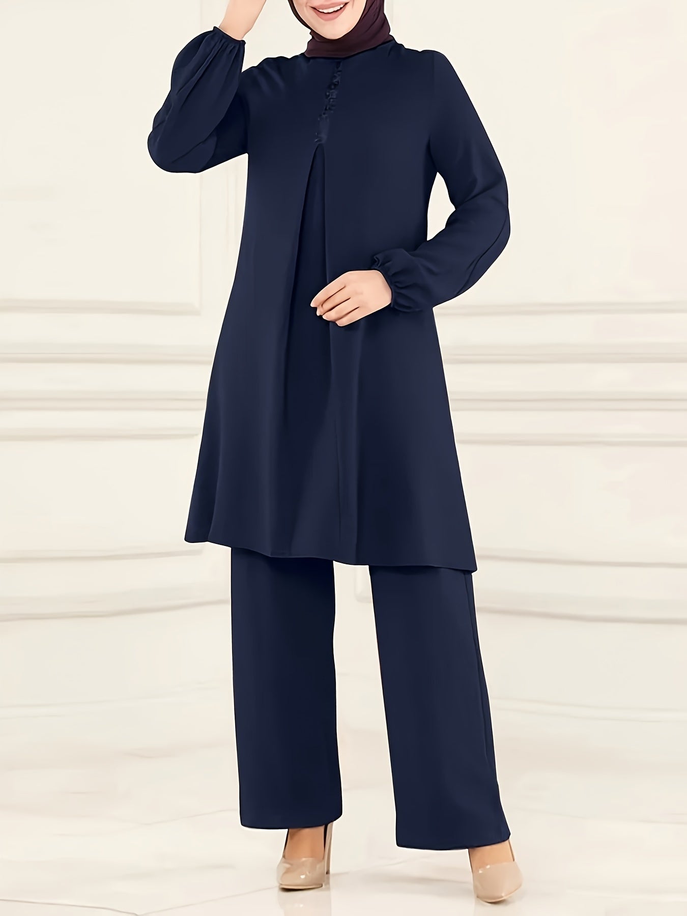 Ramadan Elegant Solid Muslim Two-piece Set, Long Sleeve Crew Neck Top & Straight Leg Pants Outfits, Women's Clothing